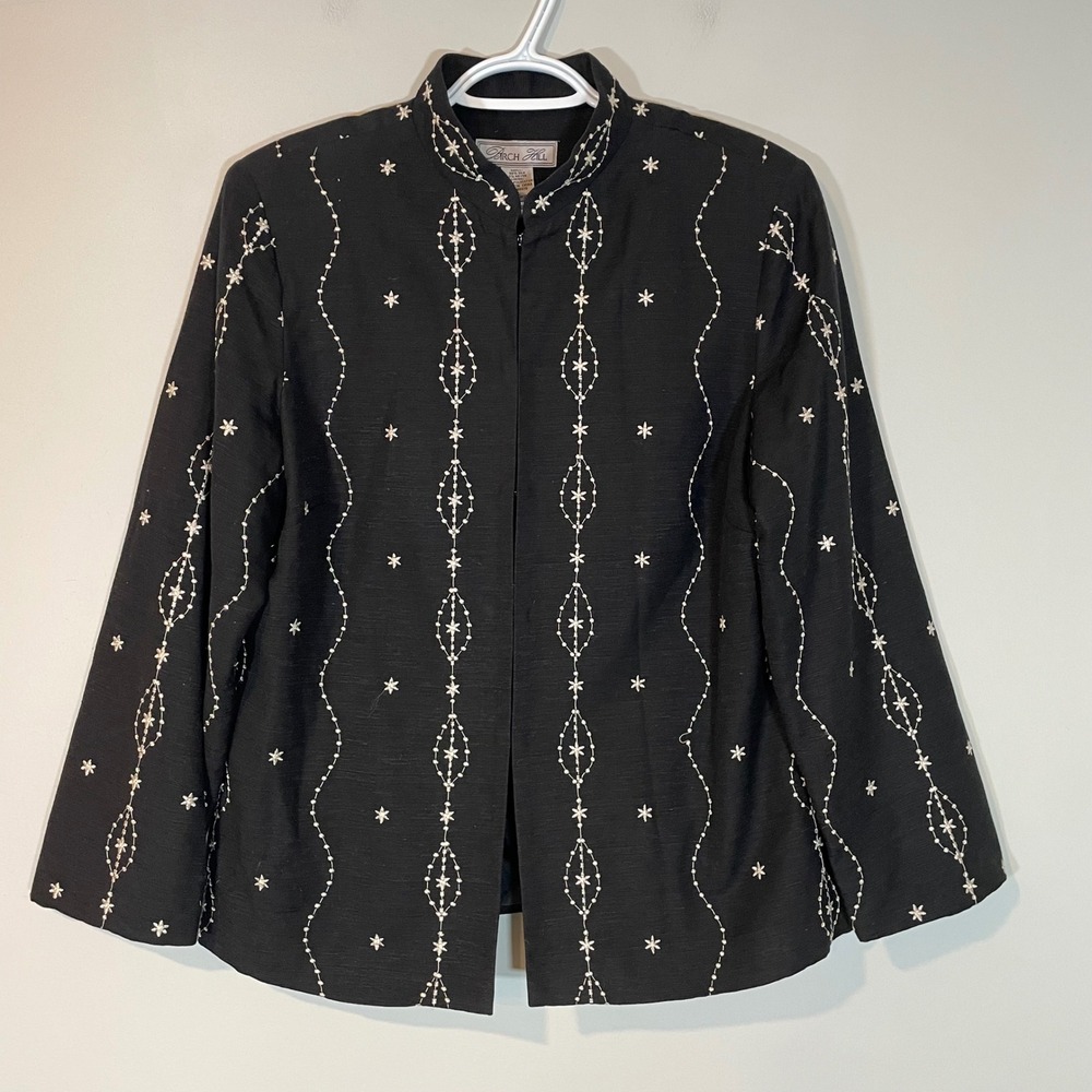 Birch Hill Womens Silk Blend Embroidered Mandarin Collar Evening Jacket Black L